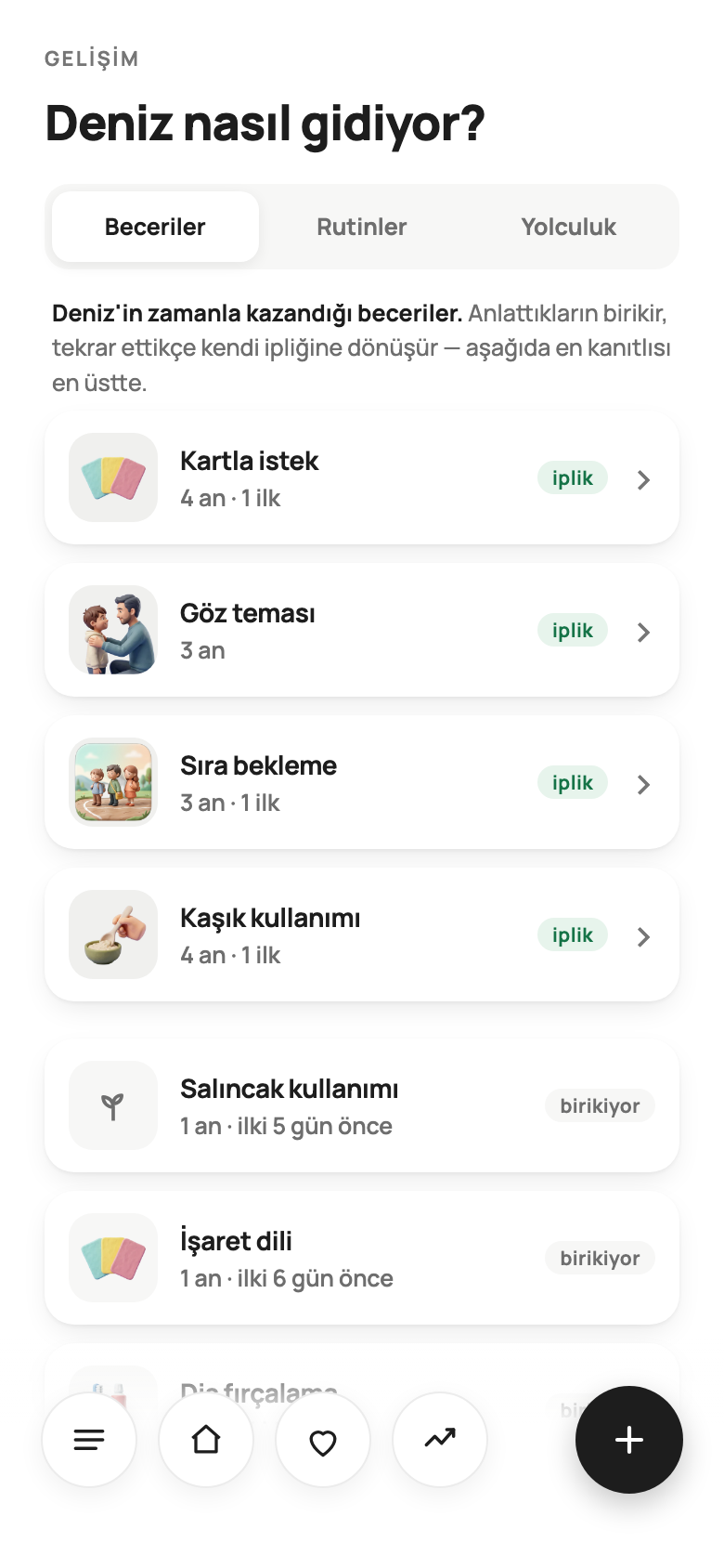 Gelişim ekranı: beceri iplikleri ve filizler